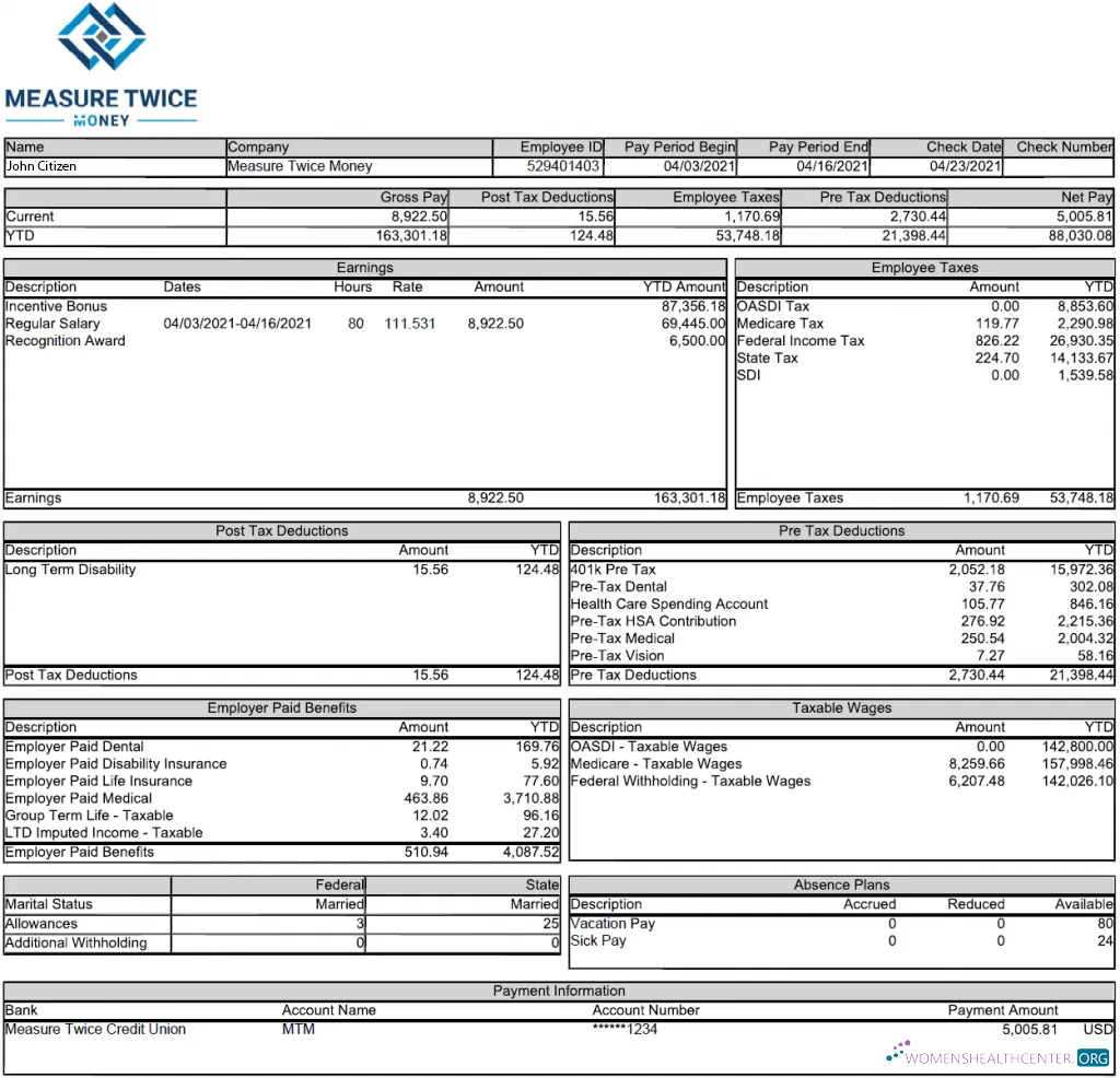 Download USA MEASURE Twice Financia payslip template in Word and PDF Photoshop template